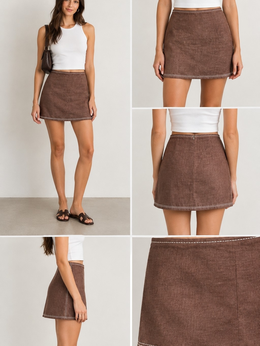 Crescent Brown Mini Skirt with Contrast Topstitch